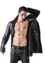 Young Vampire Man in an Open Black Leather Jacket Royalty Free Stock Photo