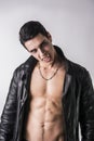 Young Vampire Man in an Open Black Leather Jacket Royalty Free Stock Photo