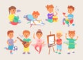 Young vector children kids boys and girls school and sport activity playing types of park and home games. Little kids Royalty Free Stock Photo