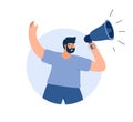 Young vector man shouting into megaphone about discount or protest. Boy warning about seasonal sales flat illustration