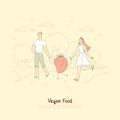 Young vegan couple, husband and wife on outdoor stroll with cute strawberry, surreal vegetarian lifestyle banner