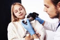 Young veterinarian doctor in blue gloves examine little cute dog jack russell isolated on white background with owner Royalty Free Stock Photo