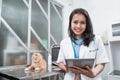 young veterinarian smiling at camera while using digital tablet near a cat sits on the table