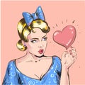 Young vintage blond woman with bow portrait catching floating shiny heart hand drawn vector illustration Royalty Free Stock Photo