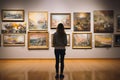 Young visitor admiring various paintings on the wall of an art gallery Royalty Free Stock Photo