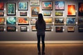 Young visitor admiring various paintings on the wall of an art gallery Royalty Free Stock Photo