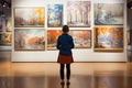 Young visitor admiring various paintings on the wall of an art gallery Royalty Free Stock Photo