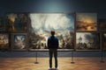 Young visitor admiring various paintings on the wall of an art gallery Royalty Free Stock Photo