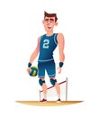 Young volleyball player standing on the volleyball playground. Funny cartoon character design. Vector illustration.