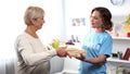 Young volunteer bringing breakfast tray for aged lady, social support assistance Royalty Free Stock Photo