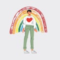 Young volunteer character with rainbow. Give and share your love to people. Rainbow symbol of hope and compassion. Care