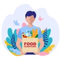 Young Volunteer with food donation boxes. Vector concept illustrations. Food donation concept with character. Can use