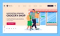 Young volunteer man helps to senior woman to shop at grocery store. Vector flat cartoon characters illustration