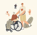 Young Volunteer or Nurse Social Worker Care of Seniors Driving Sick Man on Wheelchair, Character Help to Disabled People Royalty Free Stock Photo