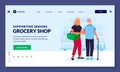 Young volunteer woman helps to senior man helps to shop at grocery store. Vector flat cartoon characters illustration Royalty Free Stock Photo