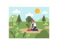 Young volunteers taking care of environment. Female character is planting tree in park Royalty Free Stock Photo