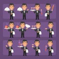 Young waiter in black suit in different poses and emotions Pack 2. Big character set