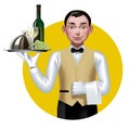 Young waiter with a tray in a yellow circle