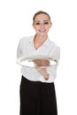 Young waitress holding tray Royalty Free Stock Photo