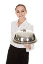 Young waitress holding tray and lid Royalty Free Stock Photo