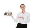 Young waitress holding tray and lid Royalty Free Stock Photo