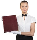 Young waitress in white gloves holding folder