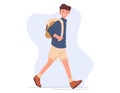 Young walking cheerful man. Student in shorts with a backpack, flat style vector isolated illustration.