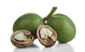 Young walnuts in green husks and with cracked shells. Royalty Free Stock Photo