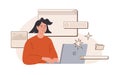 Young web UI UX designer working on laptop. Female freelancer at work creating content. Website development. Online