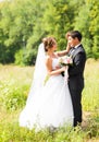 Young wedding couple enjoying romantic moments outside on a summer meadow Royalty Free Stock Photo