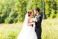 Young wedding couple enjoying romantic moments outside on a summer meadow Royalty Free Stock Photo