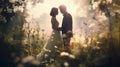 Young wedding couple enjoying romantic moments outside on a summer. - Generative ai. Royalty Free Stock Photo