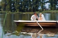 Young wedding couple sailing on the boat Royalty Free Stock Photo