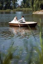 Young wedding couple sailing on the boat Royalty Free Stock Photo