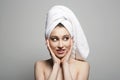 young wet woman with towel on her head. Beautiful sexy Girl with wet Hair after Shower Royalty Free Stock Photo