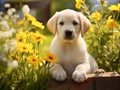 Young white Labrador puppy at the flower garden. AI Generated Image