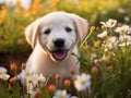 Young white Labrador puppy at the flower garden. AI Generated Image