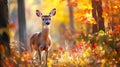 A Young White-Tailed Deer Stands in a Sun-Dappled Autumn Forest Royalty Free Stock Photo