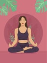 Young woman sitting in yoga lotus pose on red bg