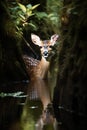 Young whitetail deer in the forest drinking water at the pond Royalty Free Stock Photo