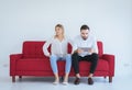 Young wife quarrel with husband conflict and boring couple in the living room,Negative emotion Royalty Free Stock Photo