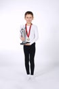 Young winner on white background