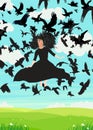 A young witch in a black dress floats in the air as a crow band raises her in the air.