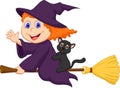 Young witch cartoon flying on on her broom