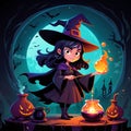 A Young Witch Casts A Spell Underneath A Halloween Moon Royalty Free Stock Photo
