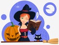 Young witch with cat broom and pumpkin
