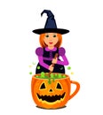 A young witch cooks a magic potion in a pumpkin pot. Royalty Free Stock Photo