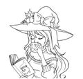 Young witch is drinking coffee and reading the book.