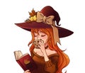 Young witch is drinking coffee and reading book. Hand drawn illustration for children games Royalty Free Stock Photo