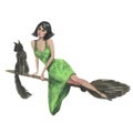 A young witch flies on a broomstick with a black cat